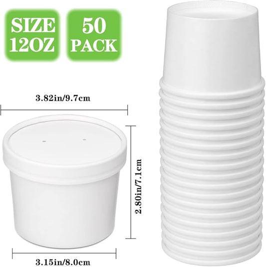 12 oz 50 Pack Paper Soup Containers with lids, Disposable Kraft Food Cups, Soup Cups Paper Ice Cream Cup, Dessert Cup, Yogurt Ice Cream Containers. Great For Restaurants, Take Outs, or To-Go Lunch