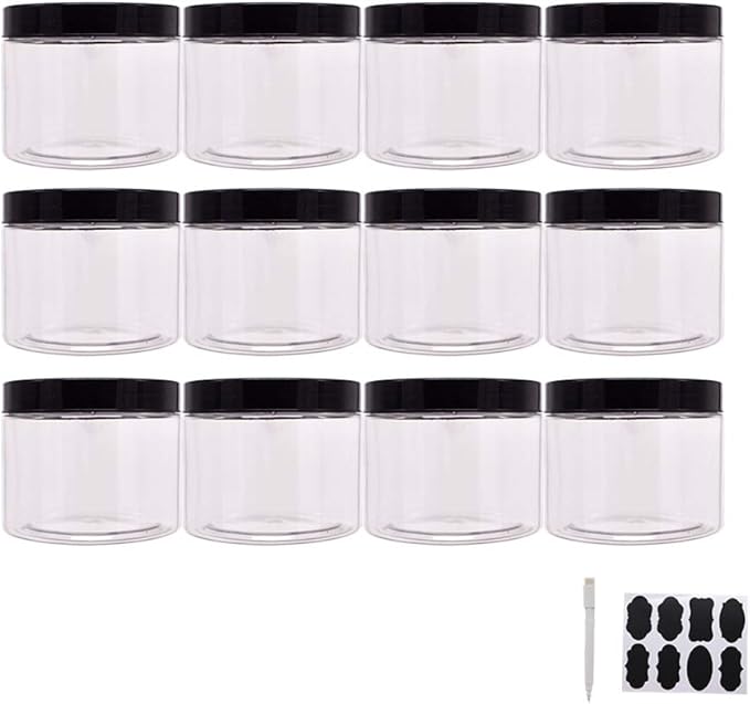 Plastic Jars With Lids, Extra Labels, 1 Pen, Clear PET Seal Jar for Food Storage, Wide Opening Storage jar For Dry Food, Peanut, Powder, Kitchen & Craft Storage (10oz (12pack))