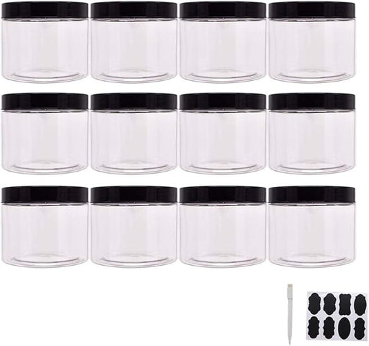 Plastic Jars With Lids, Extra Labels, 1 Pen, Clear PET Seal Jar for Food Storage, Wide Opening Storage jar For Dry Food, Peanut, Powder, Kitchen & Craft Storage (10oz (12pack))