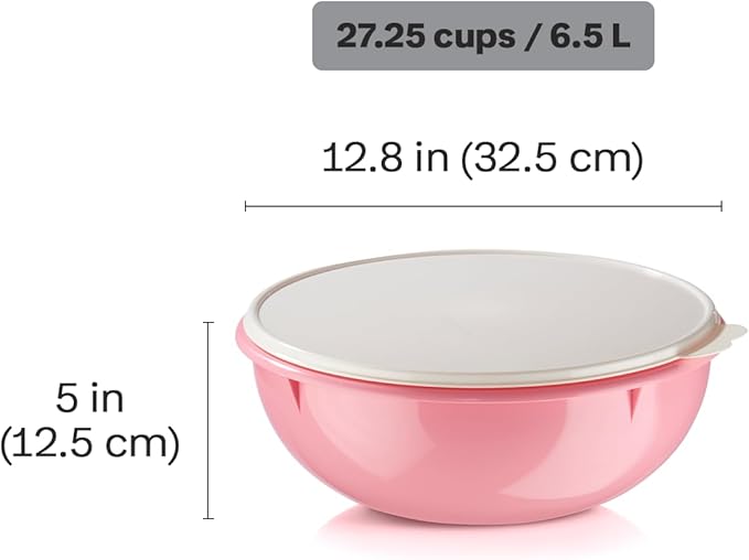 Tupperware Fix-N-Mix 1.7 Gallon Mixing Bowl with Lid, Pink Vintage Color, Dishwasher Safe and BPA Free (6.5 L)