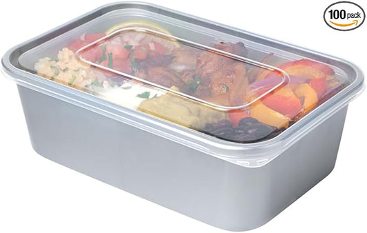 Restaurantware Futura 25 oz Rectangle Silver Plastic Take Out Container - with Clear Lid, Microwavable - 6 3/4" x 4 1/2" x 2 1/4" - 100 count box