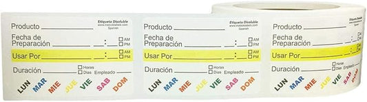 Dissolvable Food Life Rotation Prep Use by Stickers with Spanish Wording, 2 x 3 Inches Wide, 500 Labels on a Roll