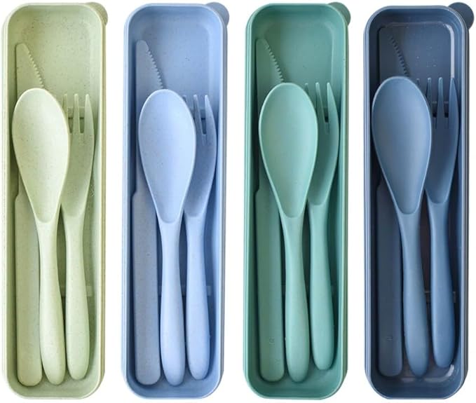 4 Set Reusable Utensils Set with Case, Travel Utensils with Case, Reusable Plastic Spoons and Forks Sets for Lunch Box Accessories, Portable Cutlery Set for Kids Adults Picnic Camping Work Use