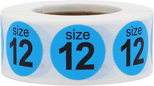 Shoe Size 12 Hot Blue Stickers for Retail Clothing – 3/4 Inch Round, 500 Semi-Gloss Adhesive Labels Per Roll for Footwear Inventory, Organization, and Display – Made in The USA