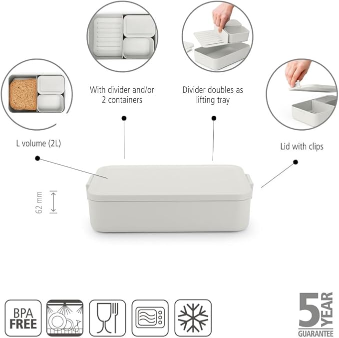 Brabantia Make & Take Bento Lunch Box (Light Gray) 2 Compartments & Lidded Pot, Lift-Out Tray Divider, BPA-Free, Airtight Snap Locks, Microwave & Freezer Safe, Travel Meal Prep Container