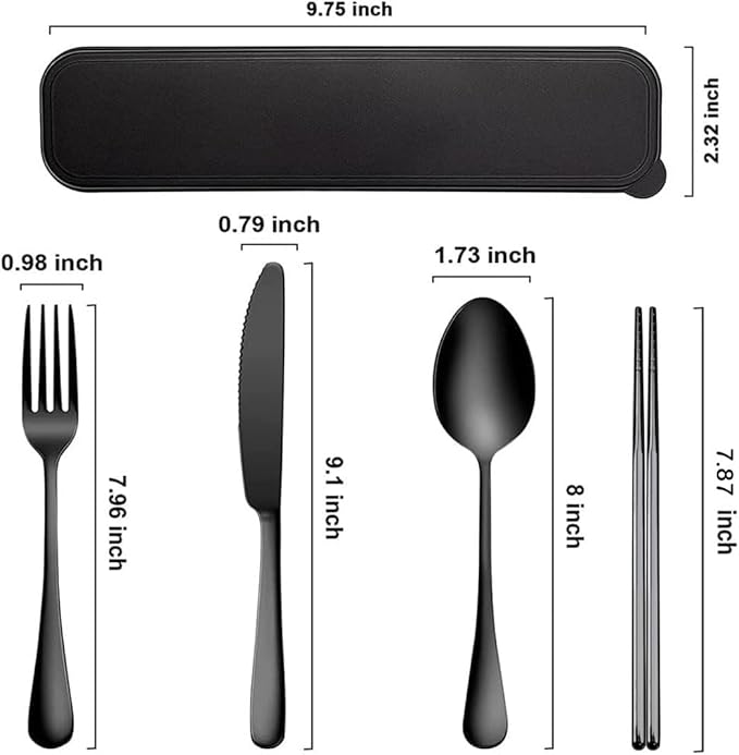 Travel Utensils, 18/8 Stainless Steel 4pcs Cutlery Set Portable Camp Reusable Flatware Silverware, Include Fork Spoon Chopsticks with Case (black)