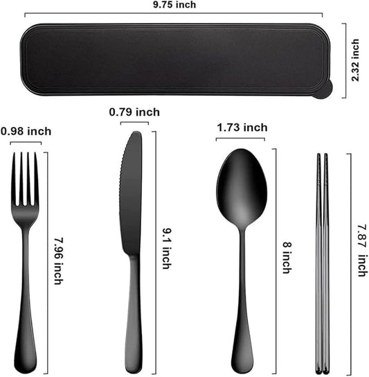 Travel Utensils, 18/8 Stainless Steel 4pcs Cutlery Set Portable Camp Reusable Flatware Silverware, Include Fork Spoon Chopsticks with Case (black)