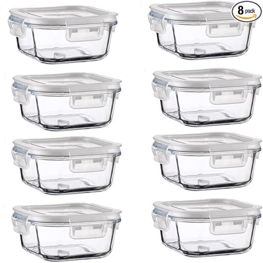 16PC Square Glass Storage Containers With Lids, 2 Cup Glass Food Containers With Lids, Square Meal Prep Bowls, Small Food Bowls For Soup Snack Fruit, Microwave, Dishwasher, Freezer Safe