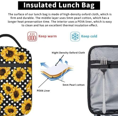YETTA YANG Sunflower Flower Polka Dot Portable Lunch Bag Insulated Lunch Box Reusable Totes For Women Men Work Picnic Camping