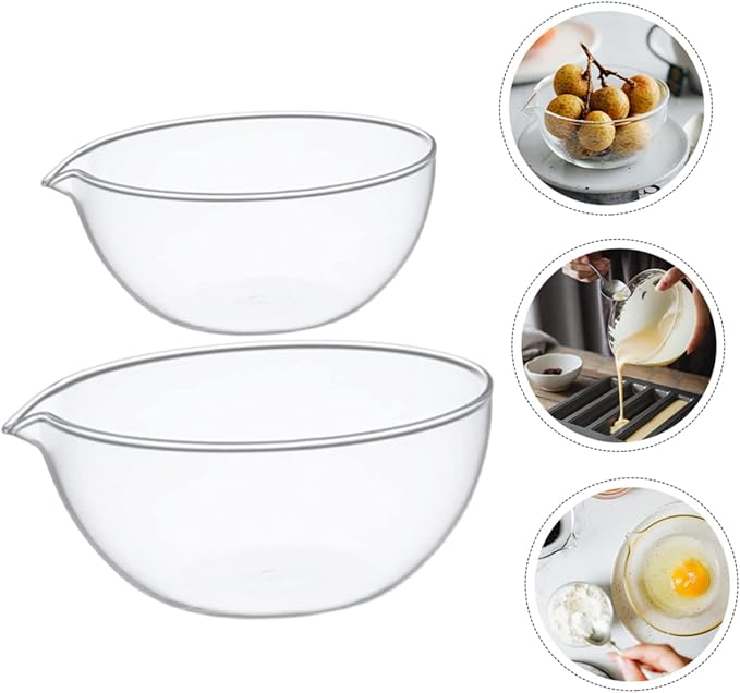 Luxshiny 2pcs Glass Mixing Bowl with Spout, Small Glass Baking Bowl for Kitchen & Restaurant