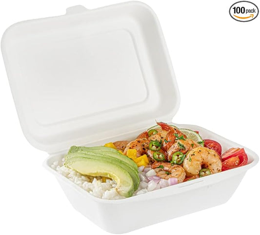 Restaurantware Pulp Safe No PFAS Added 20 Ounce Clamshell Boxes 100 Disposable Containers - Home Compostable Microwavable And Freezable White Bagasse Containers Built-In Hinged Lid