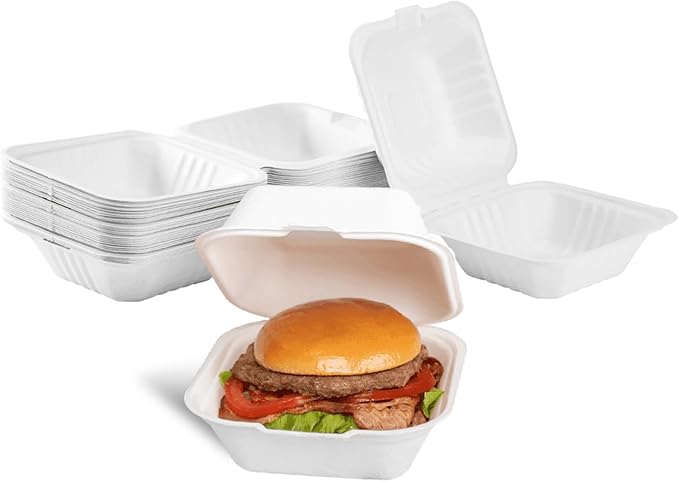 KARAT EARTH Clamshell Take Out Food Containers [6"x6", 500 ct ] Compostable To Go Containers, Natural Biodegradable Bagasse, Made of Sugarcane Fibers | White