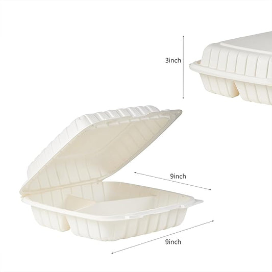 9X9 3 Compartment 50-Pack Plastic Clamshell Take Out Food Containers, Heavy Duty Disposable To-go Box For Cake, Sandwich, Salad, Dessert (Formerly FULING)