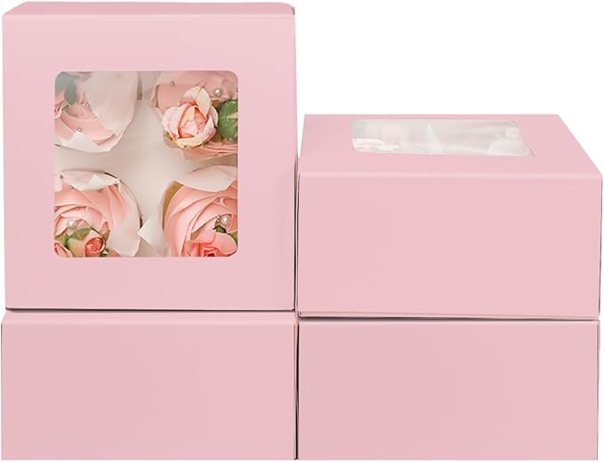 qiqee Auto-pop Up 4 Cupcake Boxes with Window Pink 30 Packs Cupcake Box 6.3"x6.3"x3" Bakery Boxes For Cupcakes Carrier, Cupcake Containers