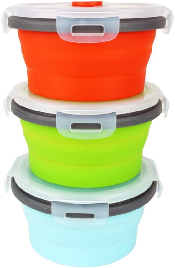 Ecomorning 3Piece Round Collapsible Lunch Container Silicone Food Storage Containers Collapsible Camping Bowl with Airtight Silicone Lids, Microwave, & Freezer Safe, 350ML