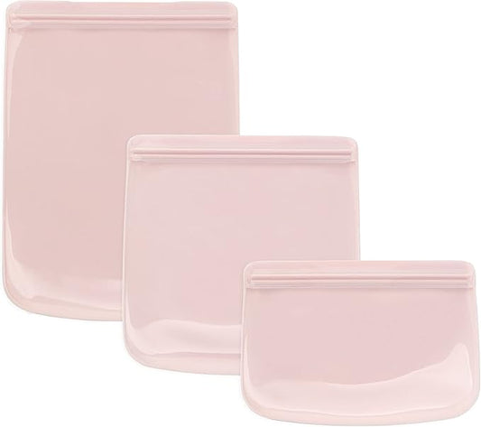 W&P Porter Silicone Reusable Storage Bags, Flat Variety 3 Pack (10oz, 34oz, 46oz), Blush, Food Storage Container, Microwave and Dishwasher Safe, Easy Cleaning