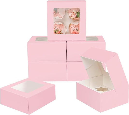 qiqee Auto-pop Up 4 Cupcake Boxes with Window Pink 30 Packs Cupcake Box 6.3"x6.3"x3" Bakery Boxes For Cupcakes Carrier, Cupcake Containers