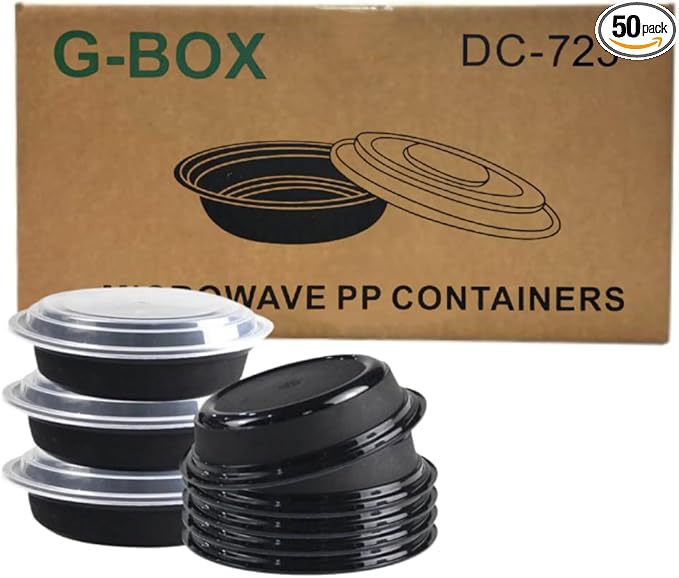 Black Plastic Meal Prep Containers with Lids| Round | [Meal Prep, Soup, Salad, Stackable, BPA-Free, Leak Resistant, Reusable, Dishwasher Safe, Microwave Safe, Freezer Safe] (24 OZ (150 Sets))