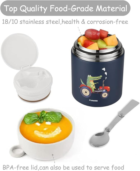 Funkrin 16oz Insulated Food Jar with Folding Spoon,Stainless Steel Lunch Bento Box for Kids Adults, Vacuum Leak Proof Soup Container for Hot & Cold Food