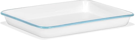 Red Co. 11" x 9" Enamelware Metal Classic 2 Quart Rectangular Serving Tray, Solid White/Teal Rim