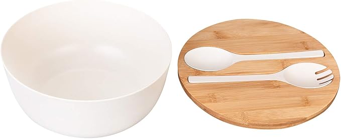 GEHE Bamboo Salad Bowl with Servers Set - Large 9.8 inches mixing bowls Solid Bamboo Salad Wooden Bowl with Bamboo Lid Spoon for Fruits,Salads and Decoration (White, 9.8INCH)