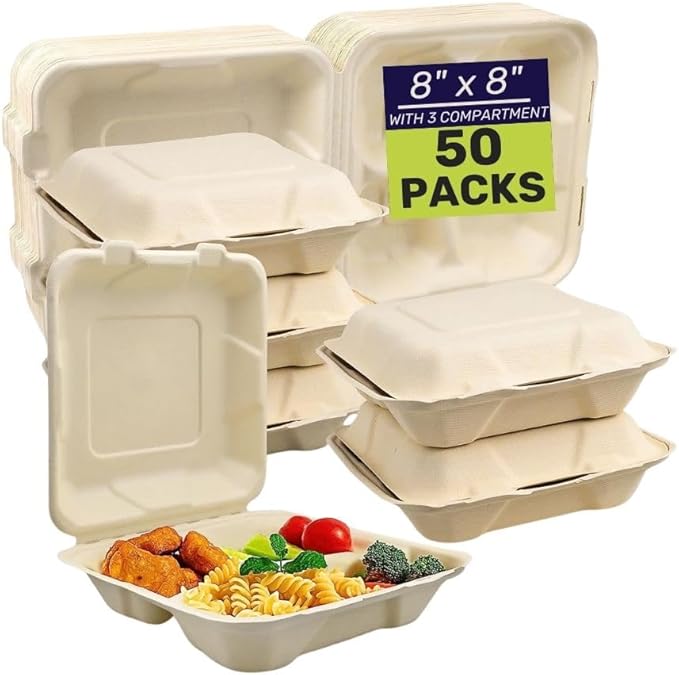 50 Packs Disposable 8x8 Clamshell with 3 Compartments Take-Out Container Compostable Biodegradable Bagasse & Eco-friendly To Go Container for Food