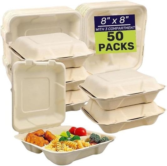 50 Packs Disposable 8x8 Clamshell with 3 Compartments Take-Out Container Compostable Biodegradable Bagasse & Eco-friendly To Go Container for Food