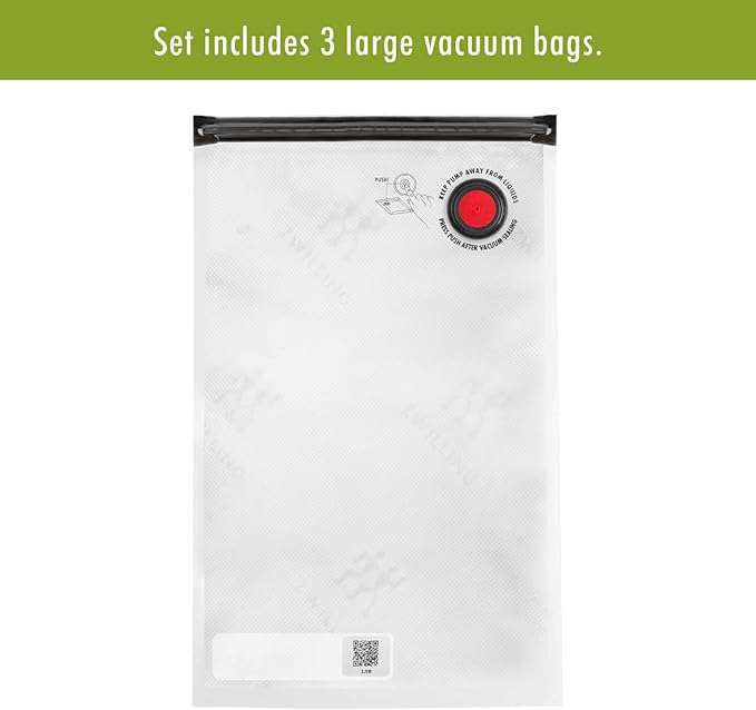 ZWILLING Fresh & Save Set 3-pc Vacuum Sealer Bag for Food, 2 1/4 Gallon, Sous Vide Bag, Reusable Food Storage Bag for Meal Prep, Reusable Snack Bags, Dishwasher Safe, Large, Clear