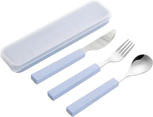 VANRA 3-Piece Children Utensils Set 18/10 Stainless Steel Child Flatware Set Silverware Knife Spoon Fork Set with Travel Case for Kids Lunch Box (Blue)