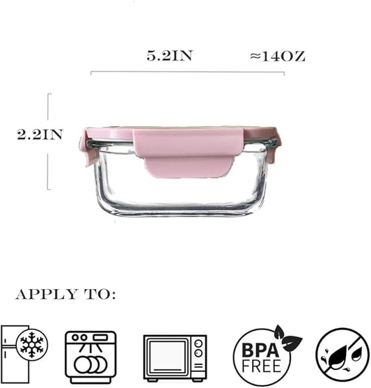 Square Glass Food storage Containers with Airtight Lids, 2 cup Food Meal Prep Containers, Glass Bowl For Lunch Sandwich Fruit Snack, Dishwasher Microwave Freezer Safe- (Pink+Green)