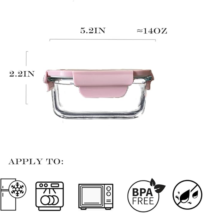 Square Glass Food storage Containers with Airtight Lids, 2 cup Food Meal Prep Containers, Glass Bowl For Lunch Sandwich Fruit Snack, Dishwasher Microwave Freezer Safe- (Pink+Green)