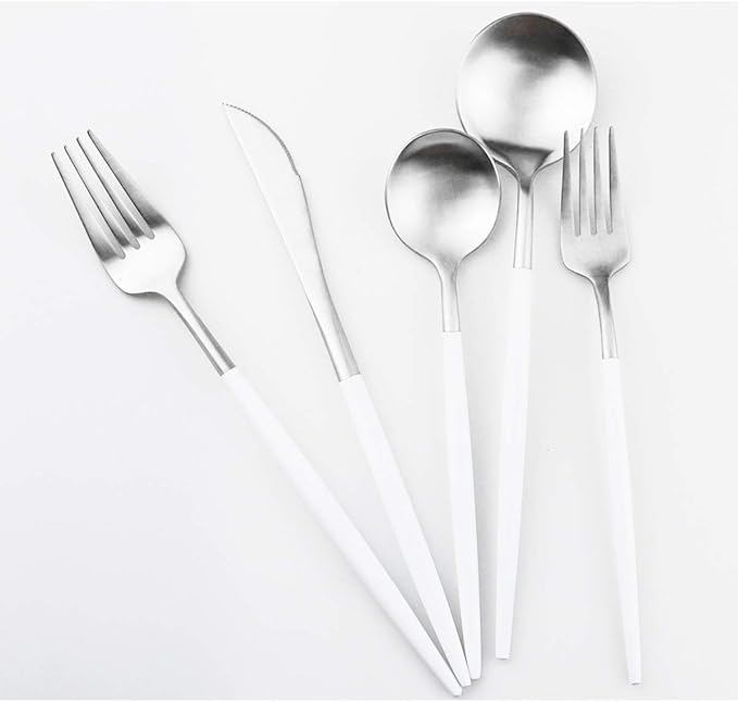 White Silver Flatware, Royal 5-Piece Matte White Handle 18/10 Stainless Steel Tableware Sets for 1 Including Forks Spoons Knives, Camping Silverware Travel Utensils Set Cutlery (White Silver)