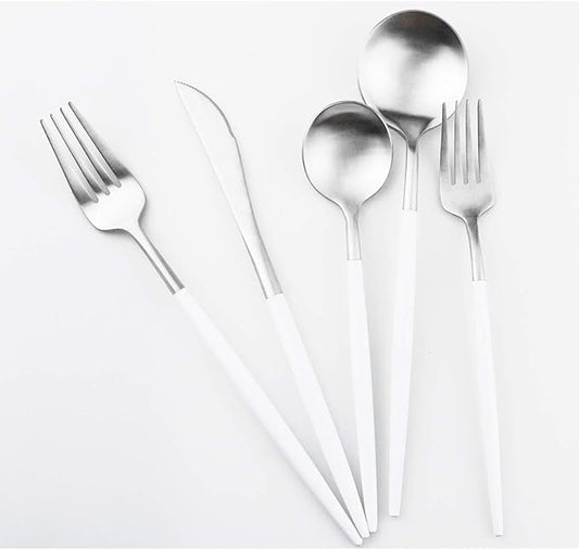 White Silver Flatware, Royal 5-Piece Matte White Handle 18/10 Stainless Steel Tableware Sets for 1 Including Forks Spoons Knives, Camping Silverware Travel Utensils Set Cutlery (White Silver)