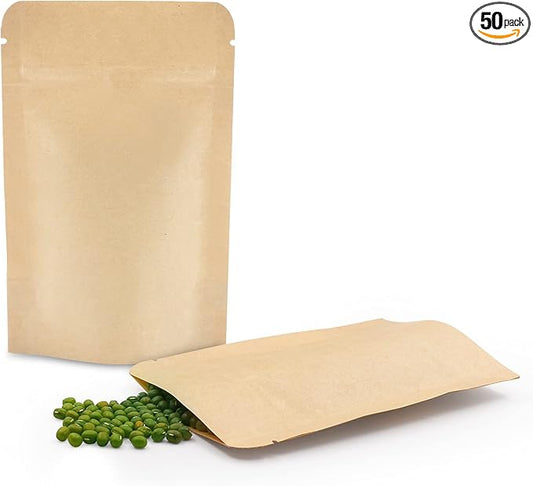 SumDirect Kraft Stand Up Pouches - 50 Pack 3.5x5.5 Inch Zipper Food Storage Reusable Bags with Foil Lined for Home or Business