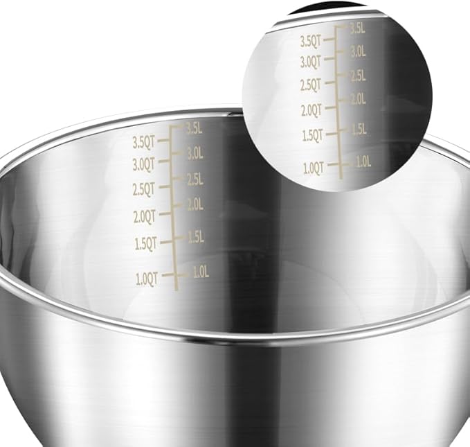 Mixing Bowl Stainless Steel with Nonslip Silicone Bottom Metal Kitchen Bowl Baking Cooking Salad Dishwasher Safe, 3.5QT