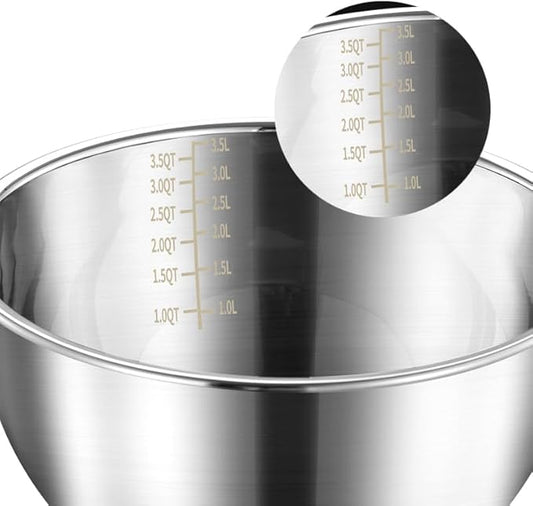 Mixing Bowl Stainless Steel with Nonslip Silicone Bottom Metal Kitchen Bowl Baking Cooking Salad Dishwasher Safe, 3.5QT