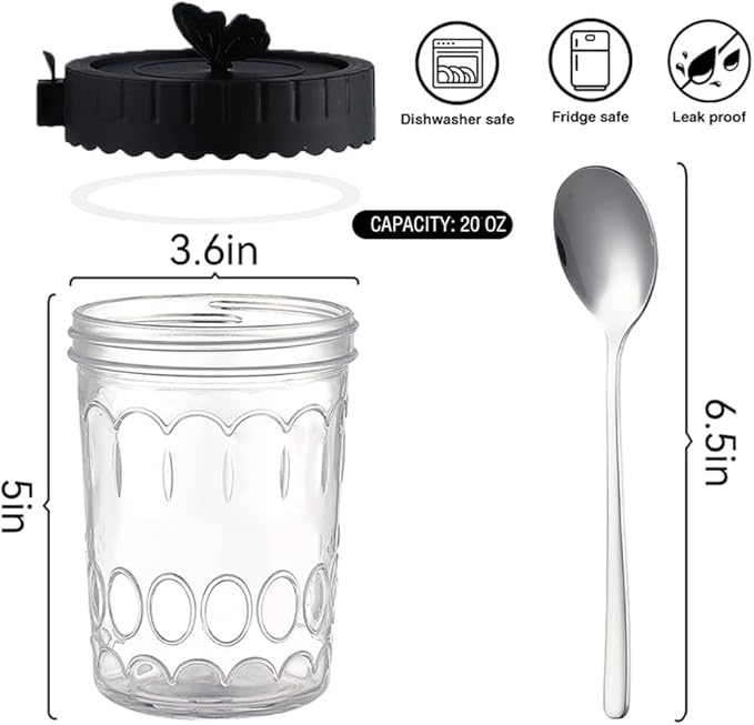 Glass food Jars with Lids and Spoons, 4 Pack Overnight Oat Jars with Airtight Lid, 100% Leak Proof yogurt Containers, Glass jars for BreakfastyogurtCerealSnackSoupParfait - Black