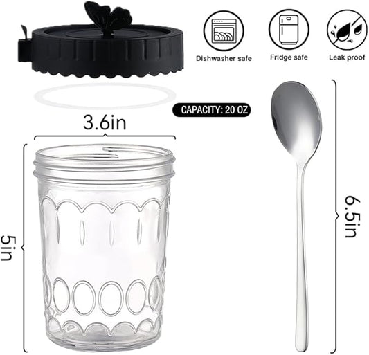 Glass food Jars with Lids and Spoons, 4 Pack Overnight Oat Jars with Airtight Lid, 100% Leak Proof yogurt Containers, Glass jars for BreakfastyogurtCerealSnackSoupParfait - Black