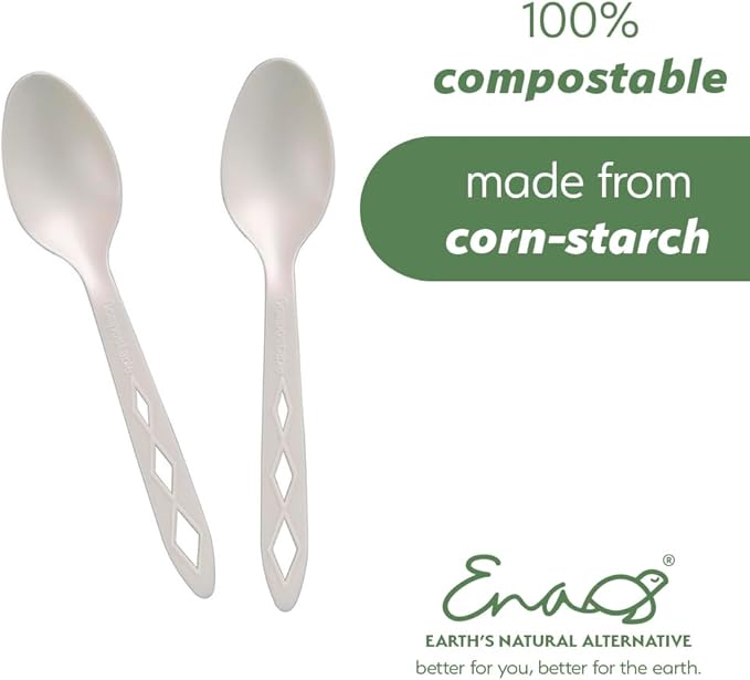 100% Compostable Non Plastic Spoons [100 Pack] CPLA Disposable Spoons. Non Plastic Silverware Set. Eco-Friendly Cutlery, Off White Flatware, Extra Sturdy Utensils, by Earth's Natural Alternative