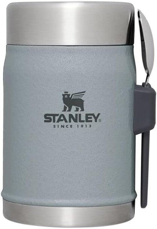 Stanley Classic Food Jar and Spork 14 oz | Vacuum Insulated Thermos Food Container | Wide Mouth Screw On Lid | Packable for Travel | Stainless Steel with Leakproof Lid | BPA-Free | Hammertone Silver