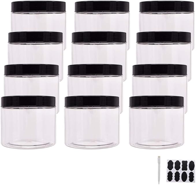 12 Pack 12 oz Plastic Jars With Lids, Extra Labels, 1 Pen, Clear PET Seal Jar for Food Storage,Wide Opening Storage jar For Dry Food, Peanut, Powder, Kitchen & Craft Storage