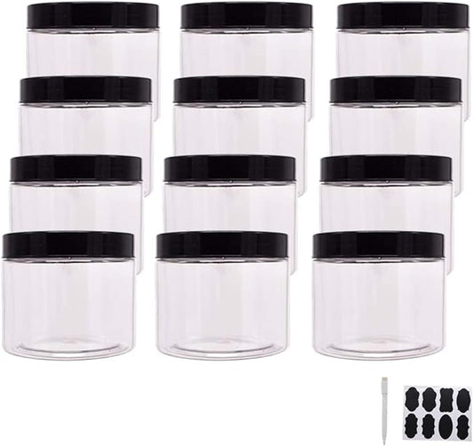 12 Pack 12 oz Plastic Jars With Lids, Extra Labels, 1 Pen, Clear PET Seal Jar for Food Storage,Wide Opening Storage jar For Dry Food, Peanut, Powder, Kitchen & Craft Storage