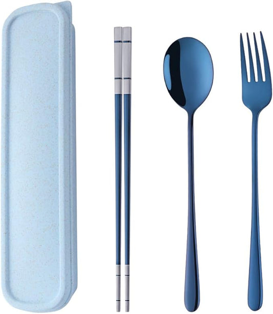 3 PCS Stainless Steel Travel Camping Flatware Set Fork Spoon Chopsticks with Portable Case, Blue