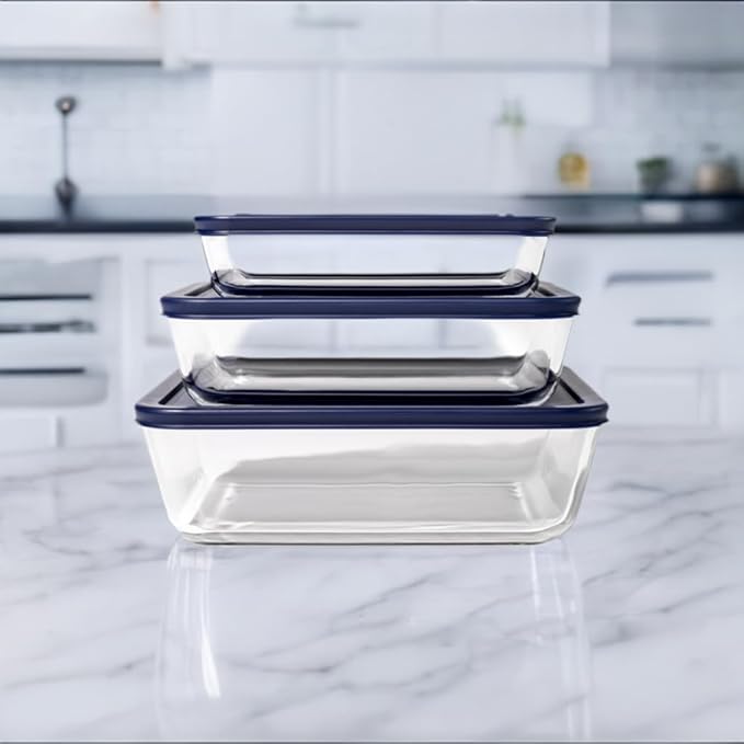 12-Piece Glass Food Storage Containers Set (6 Containers + 6 Lids) |Rectangular, Nesting, Microwave & Dishwasher Safe |BPA-Free, Space-Saving | Blue Lids for Pantry & Kitchen Organization