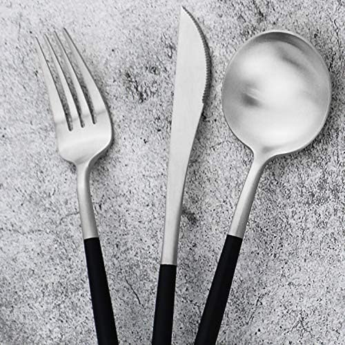 20-Piece 18/10 Stainless Steel Flatware Silverware, Luxury Dinnerware Set Travel Cutlery Tableware Include Knife Fork Spoon Service for 4, Dishwasher Safe (Black Handle Matte Silver)