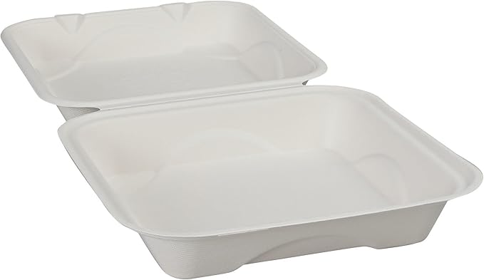 ECO PRODUCTS Compostable Vanguard 9" Clamshell To Go Containers, Case of 200, Square Take Out Food Box, White Renewable Molded Fiber, Grease Resistant, No-Added PFAS, ASTM Compliant, BPI-Certified