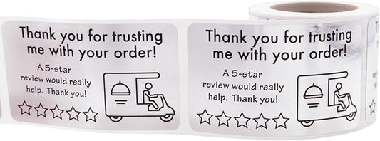 Thank You for Your Order 5 Star Food Delivery Labels 1.5 x 2.5 Inch 100 Total Stickers