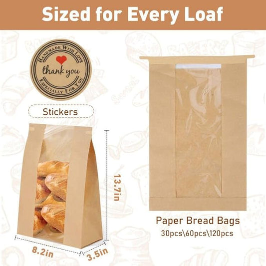 120 Pack Bread Bags for Homemade Bread Sourdough Bread Bags with Tin Tie Tab Lock, Kraft Paper Bread Loaf Bag with Window and Label Seal Stickers for Baked Food Packaging Storage (13.7''x8.2''x3.5'')