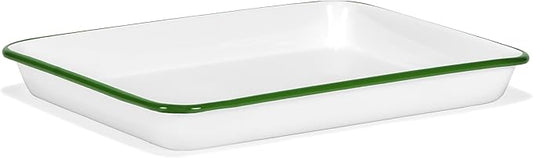 Red Co. 11" x 9" Enamelware Metal Classic 2 Quart Rectangular Serving Tray, Solid White/Dark Green Rim