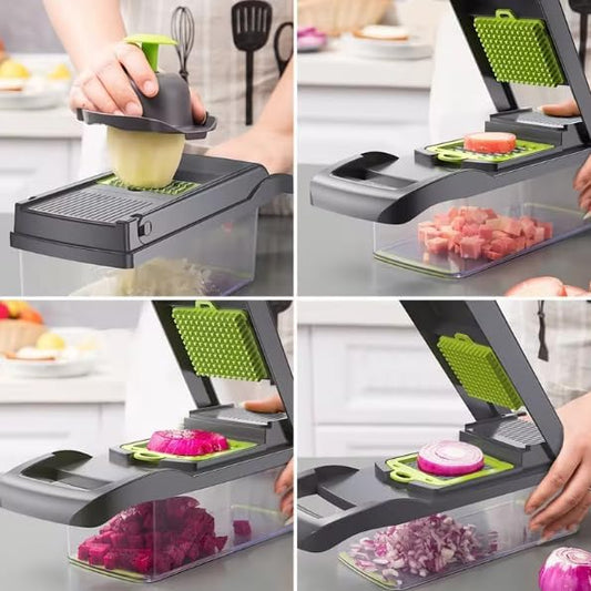 Professional Multifunctional Vegetable Chopper, 16-in-1 Vegetable Chopper and Slicer, Adjustable Vegetable Cutter with Container, Large, Gray